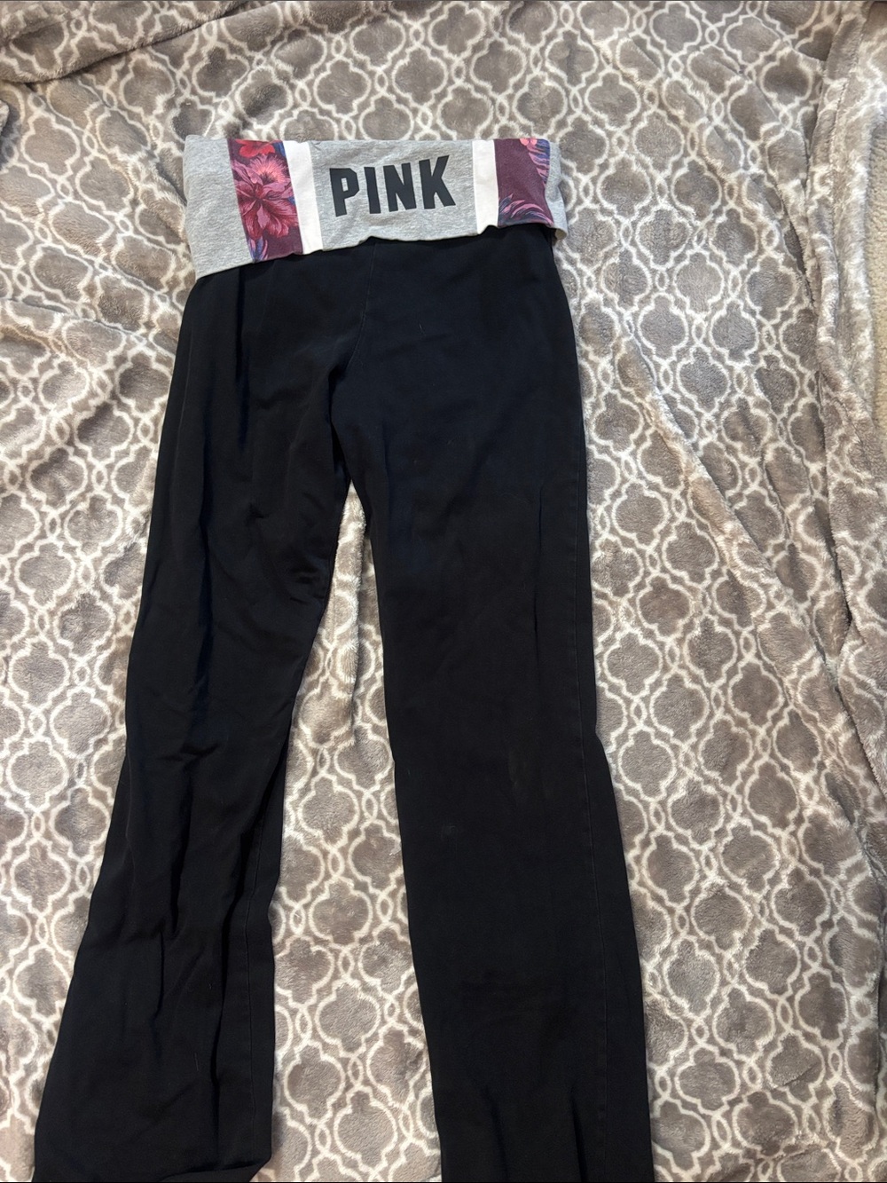 PINK Victoria's Secret Black Leggings with Gray Floral Waistband